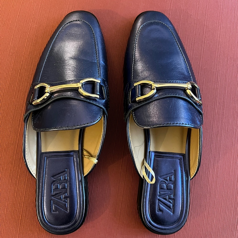 Zara Metallic Blue Loafer Mules Size 8